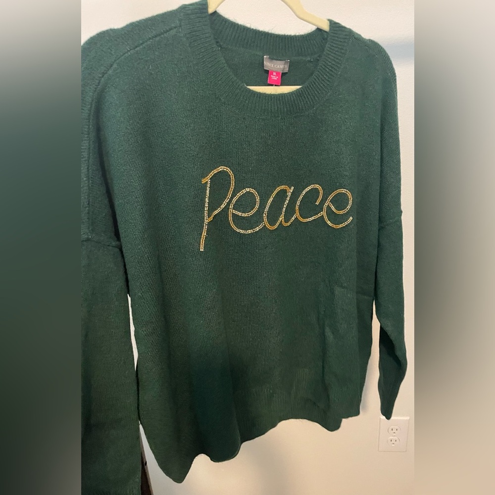 Vince Camuto Forest Green Sweater with Gold Peace Embroidery NWT